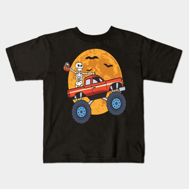 Kids Skeleton Monster Truck Moon Kids T-Shirt by frondorfelda